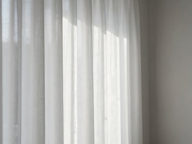 Soft light filtering through a sheer white curtain, casting delicate patterns on a clean minimalist wall.