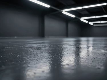 Macro detail shot of a flawless dark gray polyaspartic floor surface reflecting overhead linear LED lights, sharp focus, 35mm lens