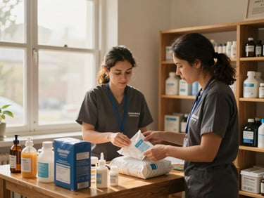 Warm editorial photography of community health volunteers organizing medical supplies on clean wooden shelves, soft natural window light.