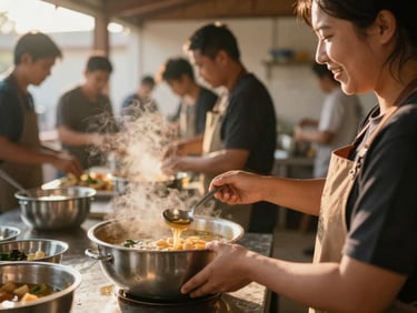 Warm editorial photography of a community kitchen, a local volunteer serving warm soup with a smile, natural golden-hour light, shallow depth of field.