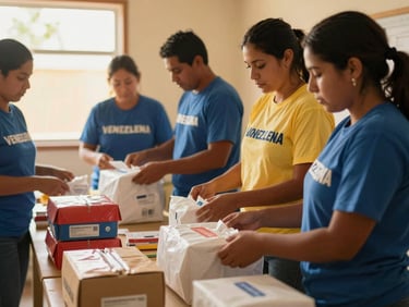 Warm editorial photography of Venezuelan community volunteers organizing medical supplies in a brightly lit room, soft golden-hour natural light, 35mm