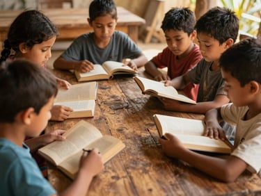Warm editorial photography of children gathered around a rustic wooden table reading books together, authentic community moment, rich organic tones.