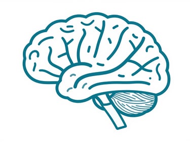 Flat vector illustration of brain neural pathways and synaptic transmission, clean geometric lines, clinical teal and slate blue, high-contrast digital render