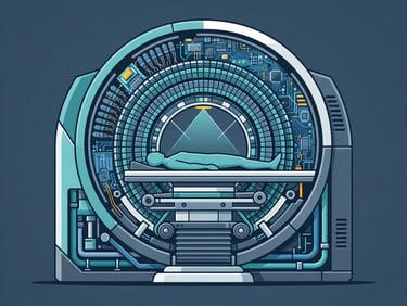 Flat vector illustration of a PET scanner cross-section, clean geometric lines, clinical teal and slate blue, high-contrast digital render