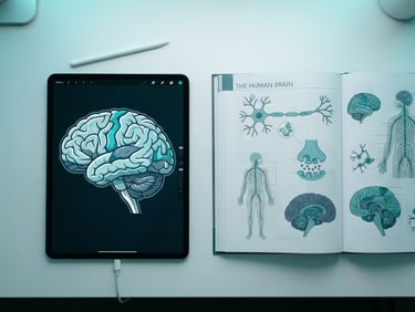 Top-down flat-lay of a digital design tablet displaying a vector brain diagram next to an open biology textbook on a clean white desk, clinical teal lighting.