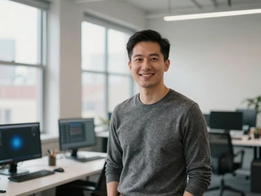 Professional portrait of a lead male software engineer in a bright Chicago loft office, natural window light, friendly and approachable.