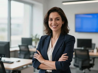 Professional portrait of a female digital marketing strategist in a modern workspace, warm lighting, smiling and professional.