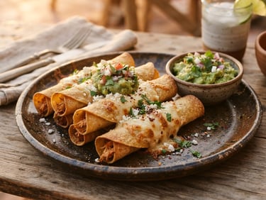Artisanal clay plate with crispy rolled tacos, fresh guacamole, and seared cheese, warm golden lighting