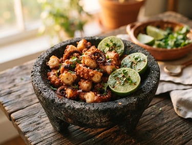 Crispy golden octopus pieces served in a black stone molcajete with lime halves and fresh cilantro, warm natural light