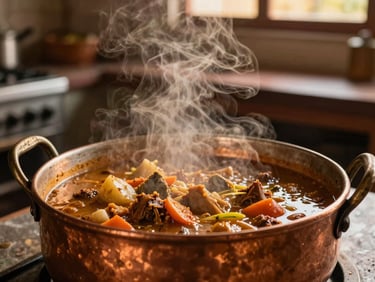 Traditional Michoacan guisado steaming in a copper pot, rustic kitchen background, warm golden hour, 35mm
