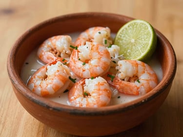 Fresh shrimp ceviche served in a traditional clay bowl with lime slices, warm natural light, 35mm