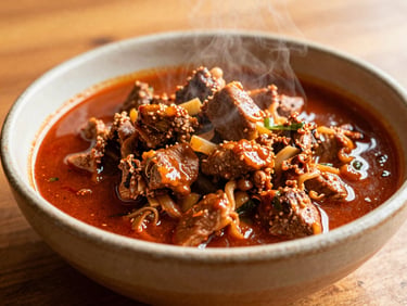 Steaming pork stew in rich red guajillo sauce, served in a rustic ceramic bowl, warm editorial food photography, 35mm