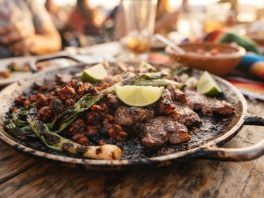 Close-up of a sizzling metal comal with grilled beef, chorizo, green onions, and fresh lime wedges, shallow depth of field
