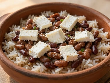 Traditional morisqueta dish with white rice, beans, and fresh cheese in a rustic clay bowl, natural golden hour lighting, 35mm