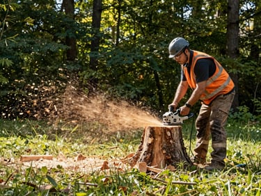 A professional stump grinder working on a large tree stump, wood chips flying neatly, pristine yard cleanup in progress.