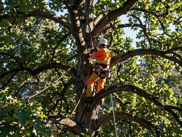 Low-angle shot of a certified arborist in high-visibility safety gear rigged high in a mature oak tree, crisp Idaho morning light casting sharp shadows, deep forest canopy, 35mm.