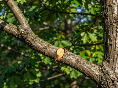 Close-up of a clean, professional pruning cut on a large mature tree branch, healthy green canopy in background, sharp details.