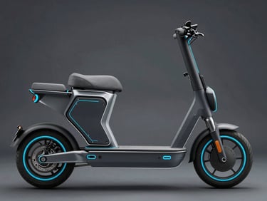 Technical studio schematic of a sleek electric scooter silhouette, highlighting the battery compartment and clean frame lines, electric cyan accents, dark grey background.