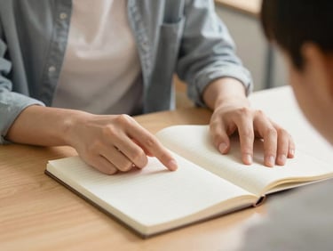 Close-up of a teacher's hands guiding a student at a desk, notebook open, warm classroom light, documentary framing, no screens visible