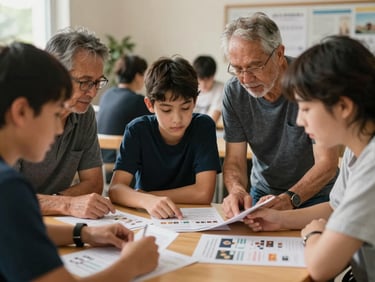 Intergenerational scene of adults and a teenager at a table, looking at printed materials together, warm indoor light, relaxed and attentive, community space setting, documentary framing