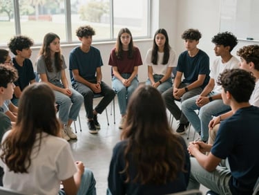 Wide shot of students in a discussion circle, diverse group of teenagers actively engaged in conversation, natural window light, no devices visible, documentary observational style