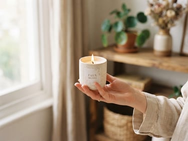 Soft-focus domestic corner bathed in morning light, a hand gently holding a lit Fava Aromas candle, shallow depth of field, pastel earth tones, warm editorial photography.