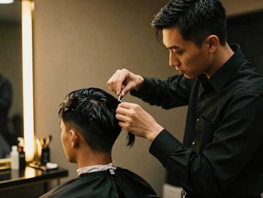 Barber Lâm Râu in a tailored black shirt meticulously styling a client's hair, warm gold lighting, soft shadows, luxury studio background with gold accents, 35mm film.