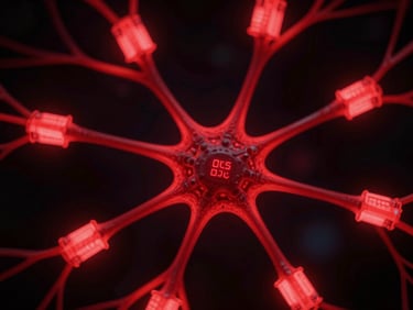 High-contrast macro view of a neural network with glowing red data packets, dark cybernetic photography, deep shadows, 35mm