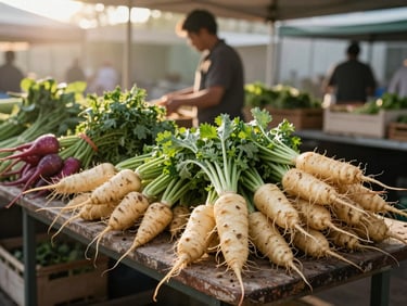 Wide shot of a small farmers market stall in early morning light, crates of root vegetables and bunched herbs arranged on a rough table, a single person in mid-task in the background, soft golden hour glow