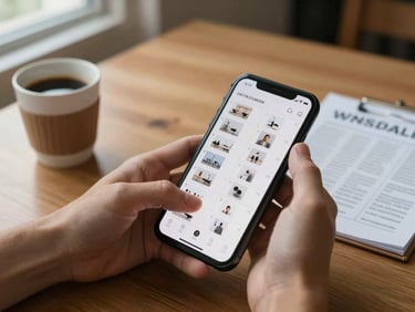 Hands holding a phone reviewing a content calendar spread on a wooden desk, a coffee cup and printed shot list nearby, soft north-facing window light, no faces visible