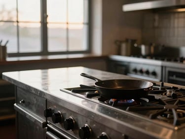 Empty artisanal restaurant kitchen counter at dawn, a single cast-iron pan resting on the stove, north-facing window light, no people, warm ambient glow