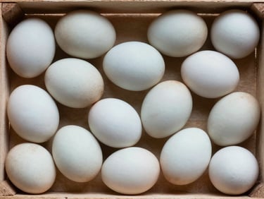 Close-up overhead shot of duck eggs arranged in a wooden crate, pale blue-grey shells with a matte surface texture, even natural work-site lighting from overhead
