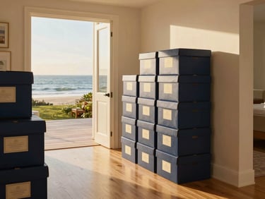 Elegant packed moving boxes with luxury labels in a sunlit coastal home entryway, polished hardwood floors, soft gold light.