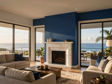 Pristine interior of a modern coastal living room, abundant natural light, marble fireplace, deep blue accents, warm editorial photography.