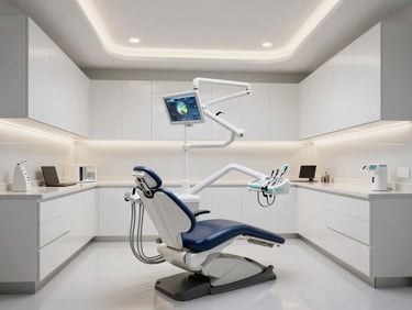 Symmetrical architectural shot of a modern dental clinic, integrated dental chair, seamless white cabinetry, cool lighting.