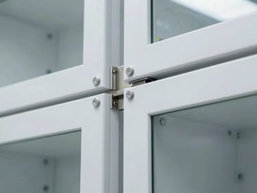 Close-up architectural shot of a custom medical cabinet joint, seamless white Corian meeting brushed stainless steel, cool clinical LED light reflecting off pristine glass.
