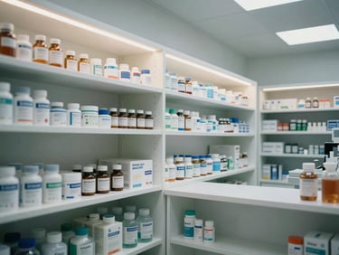 Ultra-clean pharmacy interior, geometric white shelving, integrated LED lighting, pharmaceutical storage systems.