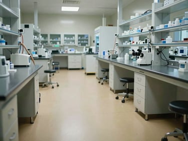 Clinical laboratory interior, seamless epoxy flooring, stainless steel lab benches, integrated medical gas lines.