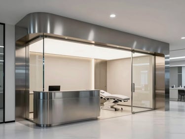 High-end aesthetic clinic interior, brushed steel details, architectural glass, minimalist reception and treatment zone.