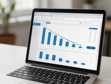 Laptop screen displaying a clean funnel analytics dashboard with bar charts and drop-off percentages, on a white desk, even daylight, no people