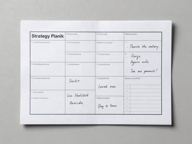 Overhead flat-lay of a strategy planning document with segmentation grids and handwritten annotations, on a light grey surface, even neutral studio lighting