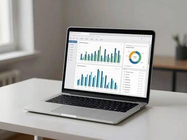 Laptop screen displaying a clean data dashboard with bar charts and key performance metrics, placed on a minimal white desk, neutral studio daylight from the left, no people visible, sharp focus on the screen