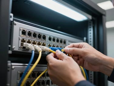 Close-up of a technician's hand plugging a network cable into a server rack in a small office server room, overhead fluorescent light, cables organized neatly