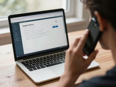 A person holding a phone to their ear at a desk with a laptop open showing a support ticket interface, natural daylight from a window beside them
