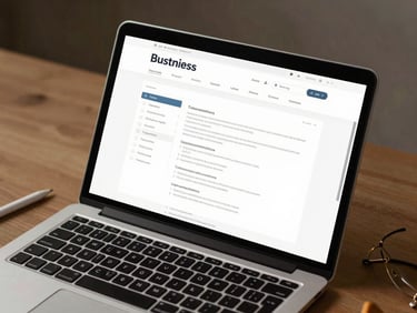 Overhead view of a laptop screen showing a clean business website wireframe in progress, a stylus resting beside it on a desk, warm studio light