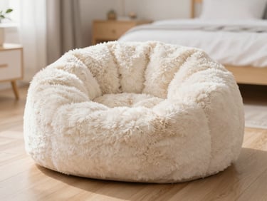 Patterned faux fur bean lounger in a teen bedroom, soft natural daylight, shallow depth of field.