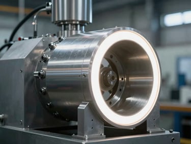 Sharp industrial photography of a heavy-duty stainless steel machinery assembly, dramatic rim lighting on metallic edges, cool steel tones, architectural elevation.