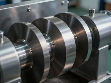 Industrial spice pulverizer machine, close-up on heavy-duty alloy grinding plates, dramatic rim lighting, sharp depth of field.