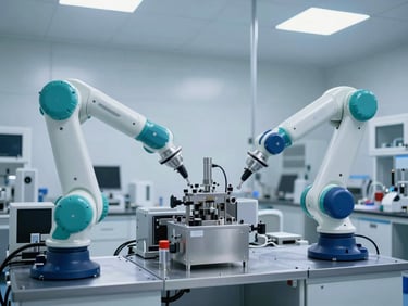 Wide shot of a sterile, automated pharmaceutical production line with advanced robotics, sharp teal accents, cool studio lighting, emphasizing scale and precision.