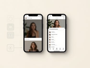 A crisp, high-fidelity panoramic screenshot of a premium social media ad layout, displaying annotated wireframe overlays on the left, natural studio lighting, soft cream canvas background.